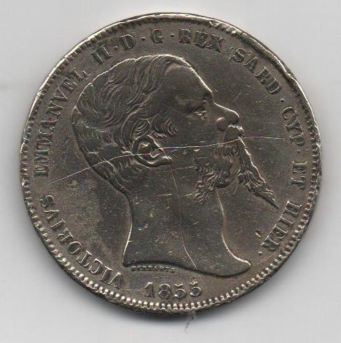 ITALIA DEL AÑO 1855 DE 5 LIRAS